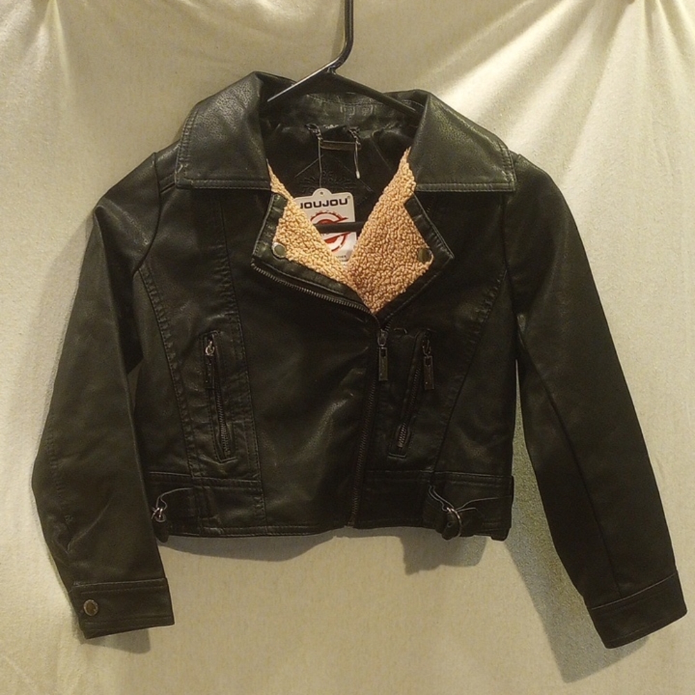 Jou Jou Black Leather Jacket Classic Style, Kids Size 8- Pink